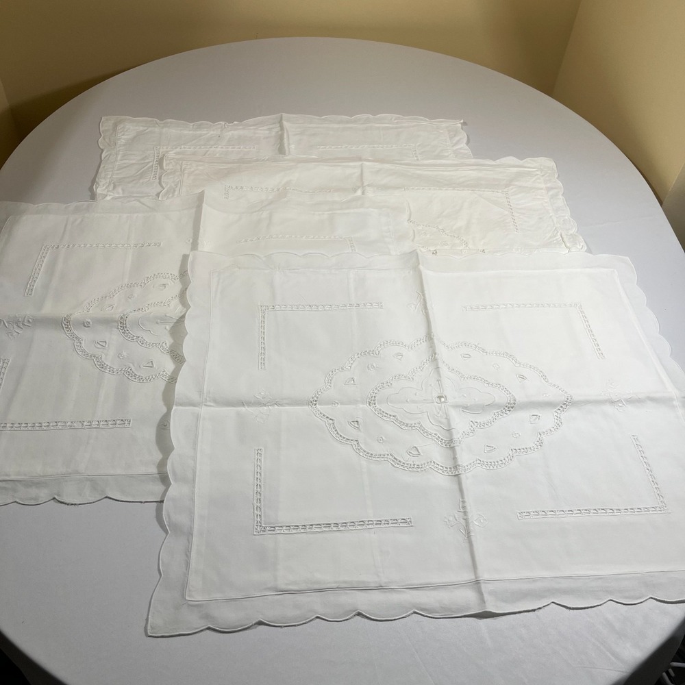 Vintage White Cotton Pillowcases Embroidered Scalloped Lace Set of 4 Shabby Chic